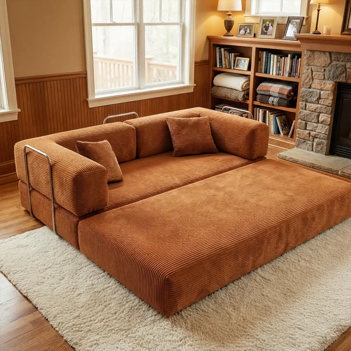 79" Corduroy Sectional Modular Upholstered Sofa Couch - Multi-Function Sleeper Sofa Bed with Fixed-Shape Frame, Removable Armrests, Folding Mattress, No Assembly Needed for Small Spaces, Corduroy Sectional Couch