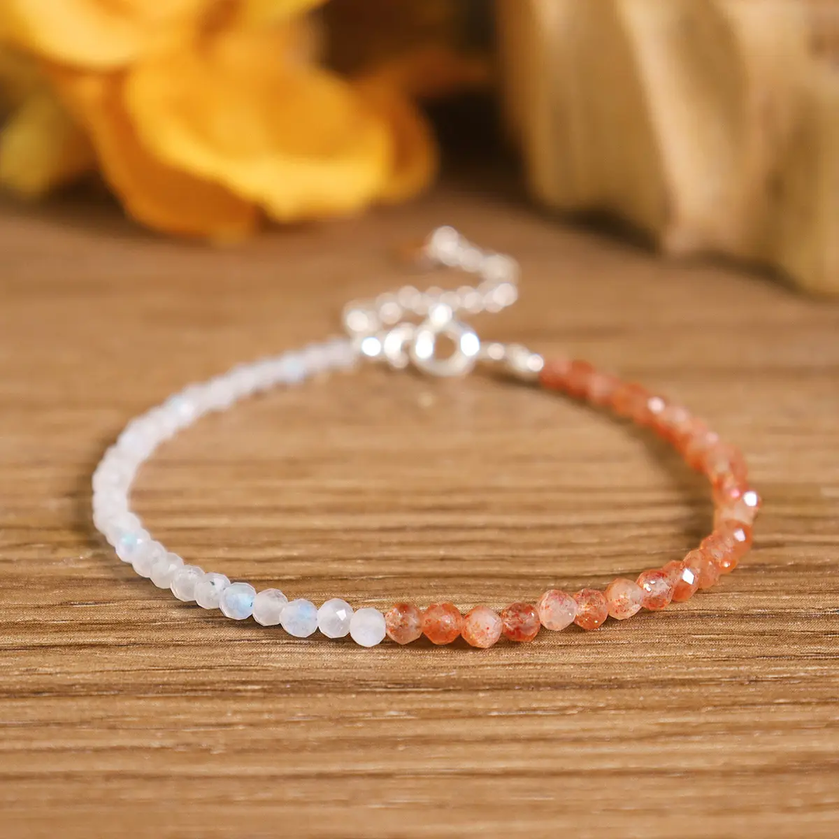 Sunstone & Moonstone Jewelry for Female, Delicate 4mm Alternating Chain, Adjustable 7–8.5 Inches for Daily Wear & Graduations, Polished Smooth, 4Mm Beads, Casual, Birthday, Bracelet, Eco-Friendly Gift Ready, Hypoallergenic, Layered Jewelry, Liz Creation S