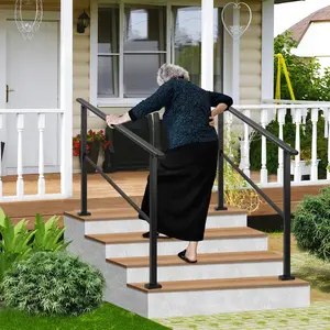 Stair Railing, 4 Steps Handrail for Outside Stairs, Upgrade 2-in-1 3 Step Stair & Horizontal Handrails, Metal Handrails for Concrete Steps or Wooden Stairs, Exterior Hand Rails for Seniors
