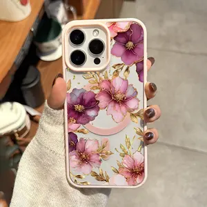 Golden branch and floral pattern, anti drop and anti slip support MagSafe charging phone protective case, suitable for iPhone 17, 16, 15, 14, 13, 12, 11 XS X and other series models, can be given as a gift to friends or family