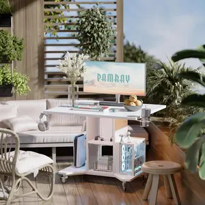 Pamray Small Rolling Gaming Desk with Led Lights Power Outlets and Storage Pegboard, Small Spaces Compact PC Computer Table White