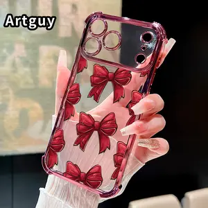 Compatible with Phone Case iPhone 17 Pro Max 16 15 Plus Air 14 13 12 11 E Red Bow Reverie Pattern Transparent Full Coverage Four Corners Anti-drop Casing