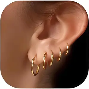 5 Pairs 14K Gold Plated Huggie Hoop Earrings for Women Lightweight Minimalist Small Hoops Hypoallergenic Nickel-free Lead-free Non-Tarnish Everyday Jewelry for Sensitive Ears Multiple Piercing Stack Set