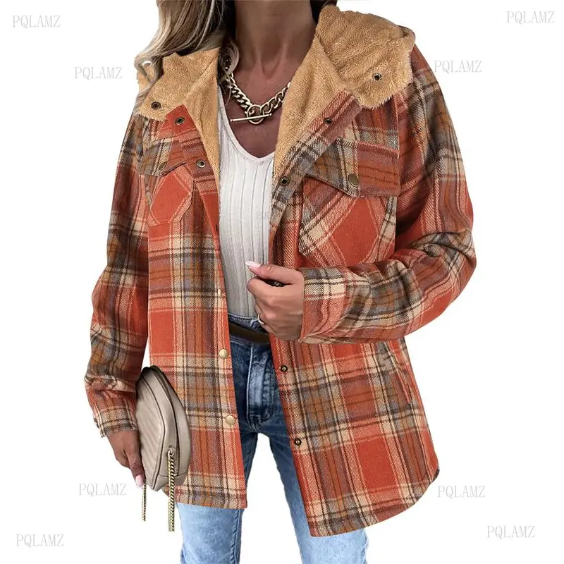 Women's Casual Jacket, Plaid Flannel Long Sleeve Hooded Shacket with Sherpa Lining, Button Down Boyfriend Style Coat, Garment, Hooded V-Neck, Loose-Fit, Plaid Print, Tops, Everyday, Fabric