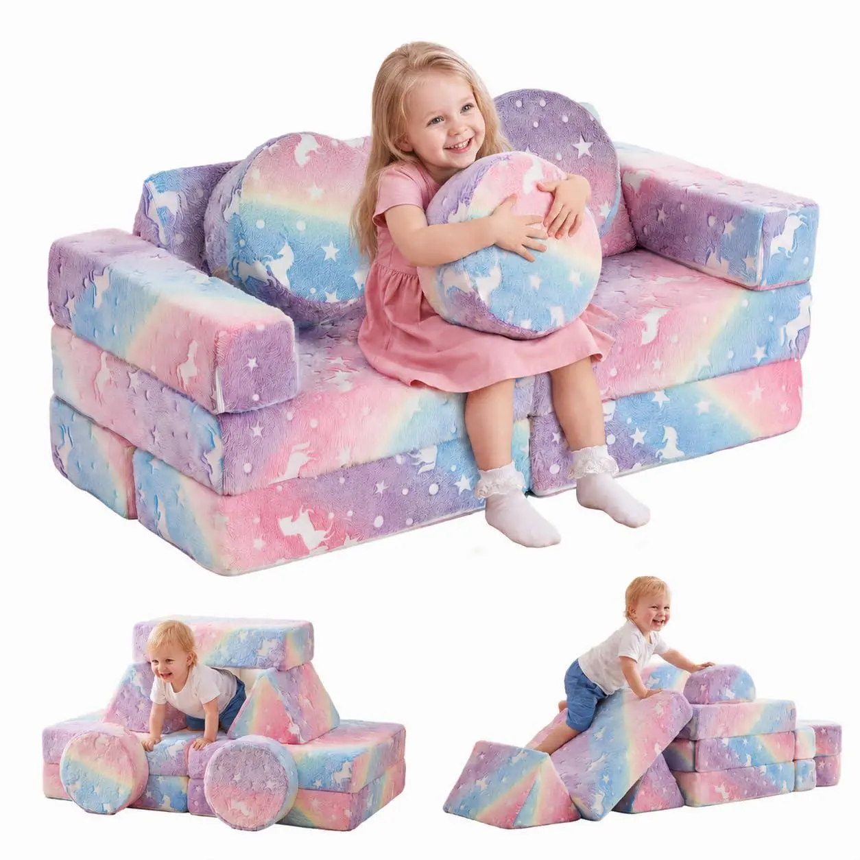 Gaomon Modular Foam Playful Kids Toddler Play Couch, Glow-in-Dark Convertible Sofa with Removable Machine-Washable Covers, for Playroom Fort Building Indoor Imaginative Play