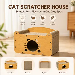 3-in-1 Cat Scratcher House, Cardboard Cat Condo with Hideout Cave and Lounge Bed, Durable Cat Scratching Furniture, Indoor Cat House for Sleeping, Scratching and Playing, Cute Cat Cave Bed for Cats and Kittens