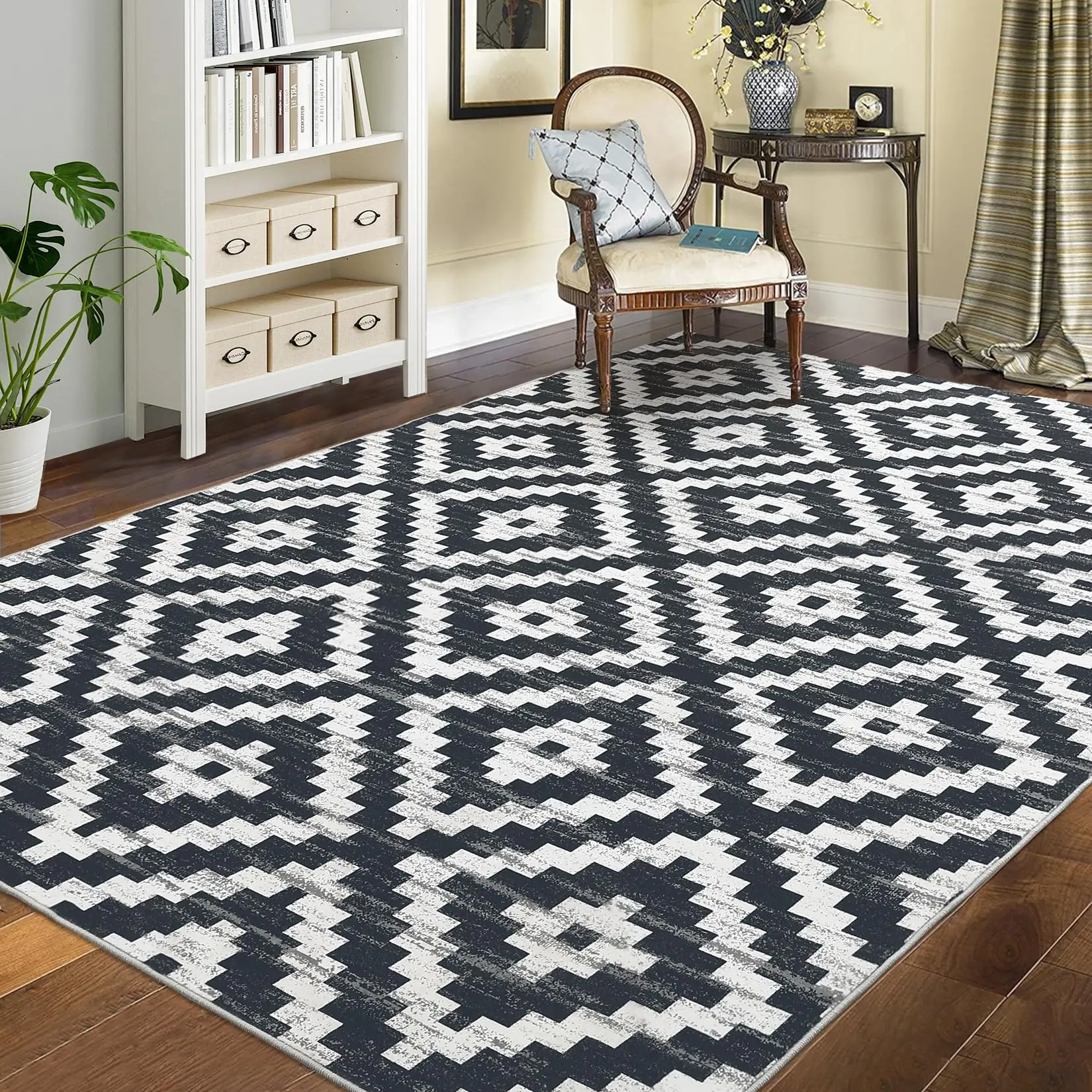 【GARVEE】Washable Rugs in 2x6 Runner and 9x12 Sizes with Moroccan Geometric Trellis Design, Low Pile, Soft Neutral Colors for Living Room, Bedroom, Office, Nursery, Modern Distressed Farmhouse Style in Brown/White and Black/White