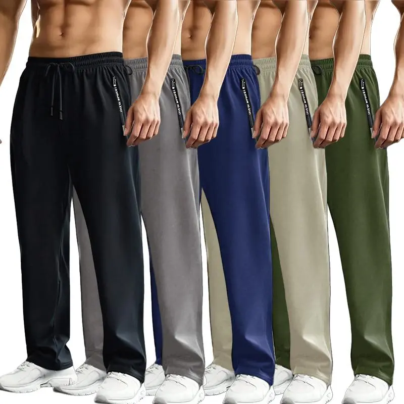 5-pack ice silk sports pants with a drawstring elastic waistband and zippered pockets; lightweight fitness pants made from a soft, smooth, skin-friendly fabric, suitable for indoor workouts and breathable outdoor wear in summer. Loose Fit Bottoms