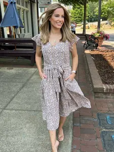 Breastfeeding Dress - Belted Midi Nursing Dress With Pockets - Beige Floral for Women