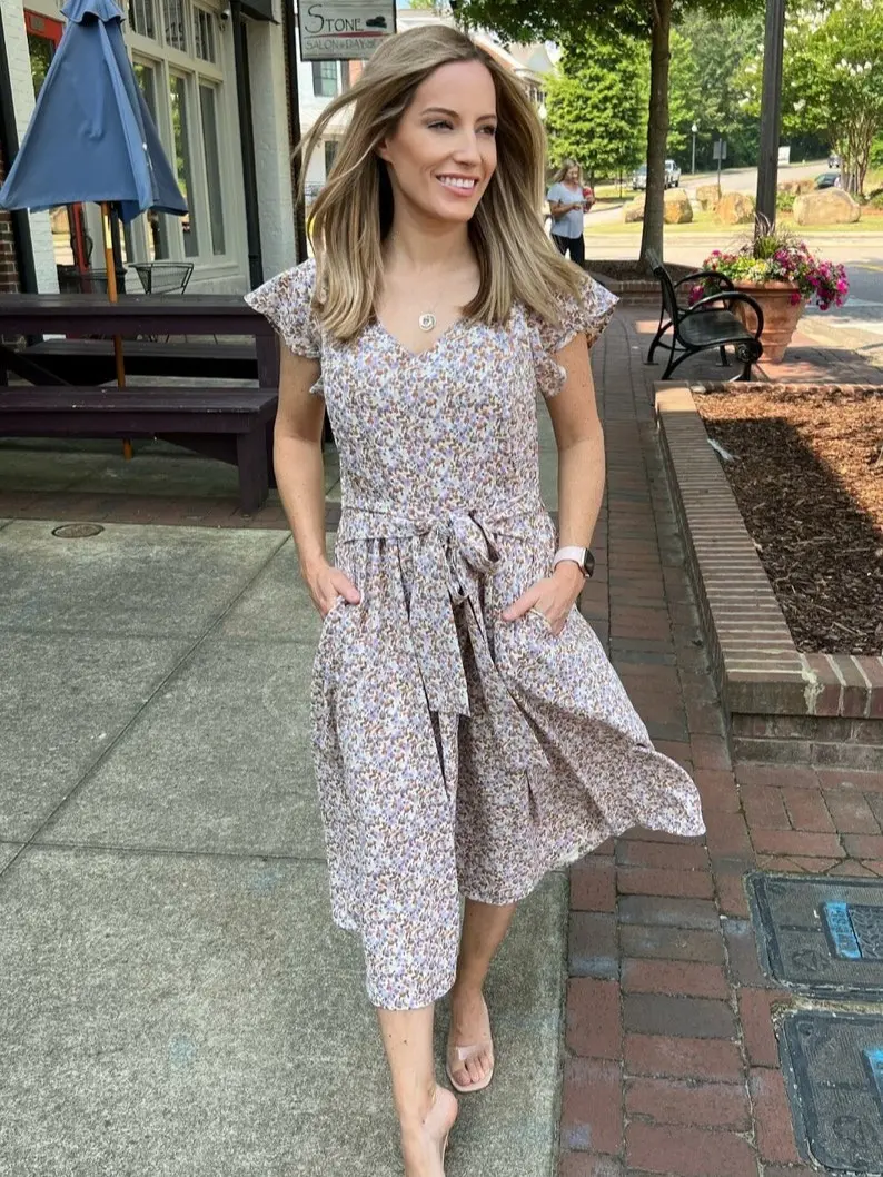 Breastfeeding Dress - Belted Midi Nursing Dress With Pockets - Beige Floral for Women
