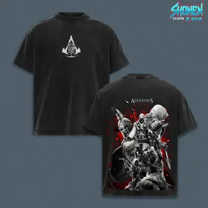 Assassin's Creed Altair Ezio Heavyweight Acid Wash Tee, Brotherhood Creed Gaming Apparel, Multi Assassins Red Blood Splatter Graphic Top, Vintage Video Game Tee, Gift For Him, Mineral Wash Boxy Fit Tee