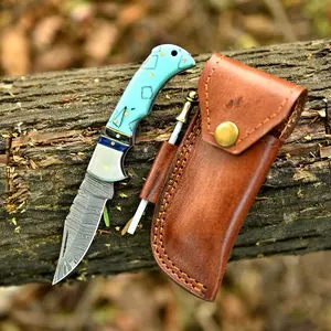 Handforged Damascus Steel Folding/Pocket Knife with Leather Sheath