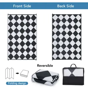 1PC Modern Geometric Checkerboard Outdoor Lightweight Plastic Straw Rug for Camping Waterproof Reversible Area Rugs for Garden Backyard Large Portable Stain Resistant Picnic Mat - Black&White