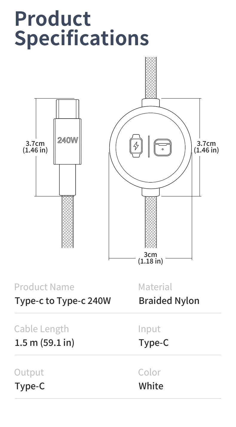 3-in-1 240W Travel Charger with Built-In Magnetic Watch Charger USB-C to USB-C Cable, 5FT Braided Cord, Compatible with Apple Watch Series/SE/Ultra, AirPods 3rd/4th Gen, Pro/Pro 2, iPhone, iPad, MacBook and Samsung 3-in-1 240W Travel Charger with Built-In Magnetic Watch Charger USB-C to USB-C Cable, 5FT Braided Cord, Compatible with Apple Watch Series/SE/Ultra, AirPods 3rd/4th Gen, Pro/Pro 2, iPhone, iPad, MacBook and Samsung