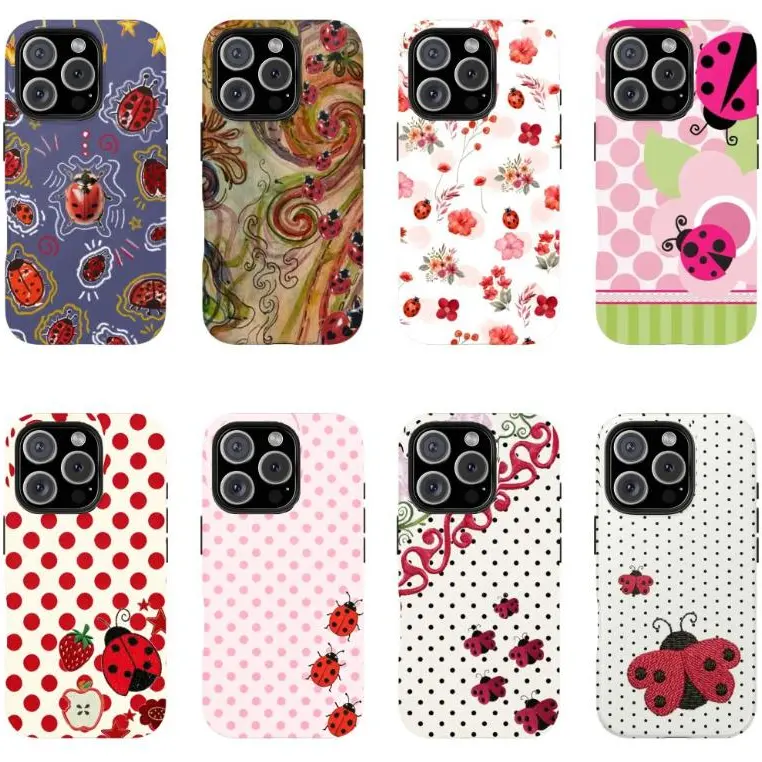 Whimsical Pink Ladybug Flower Smartphone Case - Cottagecore Aesthetic, Patchwork Polka Dot, Kawaii Vintage Garden Cartoon Art Casing Cover, Accessories for Women, Fit for iPhone 11-17, iPhone 14 Pro, Gift Idea