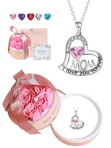 Heart Mom CZ Birth Stones Necklace With Pink Roses Basket Jewelry Gift Box, Love Heart Pendant Necklace for Mom, Birthday Mother's Day Jewelry Gift for Mom Wife