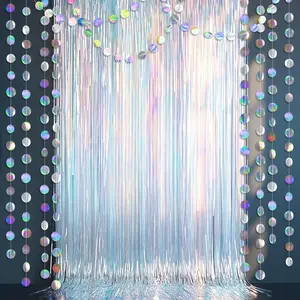 Iridescent Tinsel Foil Fringe Backdrop Curtain Circle Garland Holographic Party Decorations Disco Birthday Wedding Graduation Christmas  Year Theme Party Streamer Decor