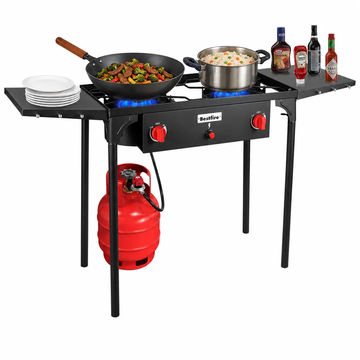 Bestfire Outdoor Portable Stove - Heavy-Duty Cast Iron Dual Burner Metal Stove, 150000 BTU with Wind Guards, Push-Button Ignition, Side Shelves, Integrated Utensil Hooks, Detachable Legs for Camping, Tailgating, Portable Kitchen Use