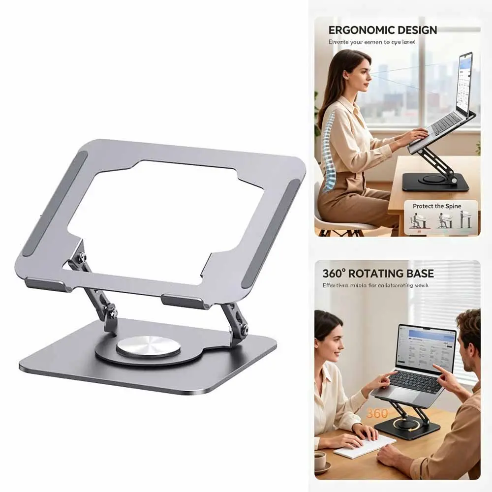 Minimalist Foldable 360° Rotating Laptop Stand, Ergonomic Metal Computer Riser with Anti‑Slip Silicone Pads, Height‑Adjustable Portable Holder for 10‑16 Inch MacBook, HP, Dell Laptops