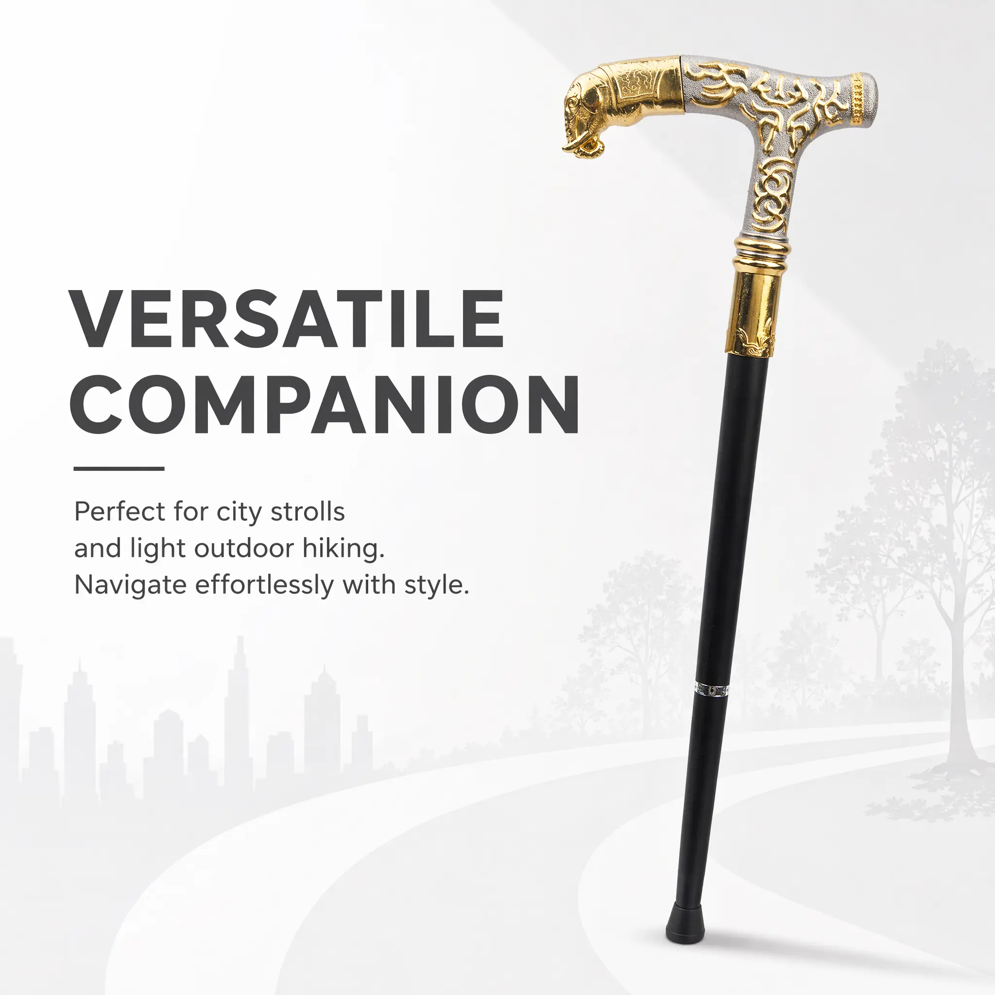 Walking Cane Gold Elephant Head Metal Elegant Design Sturdy Support Stick for Daily Use Hiking Outdoor Walking Men Women