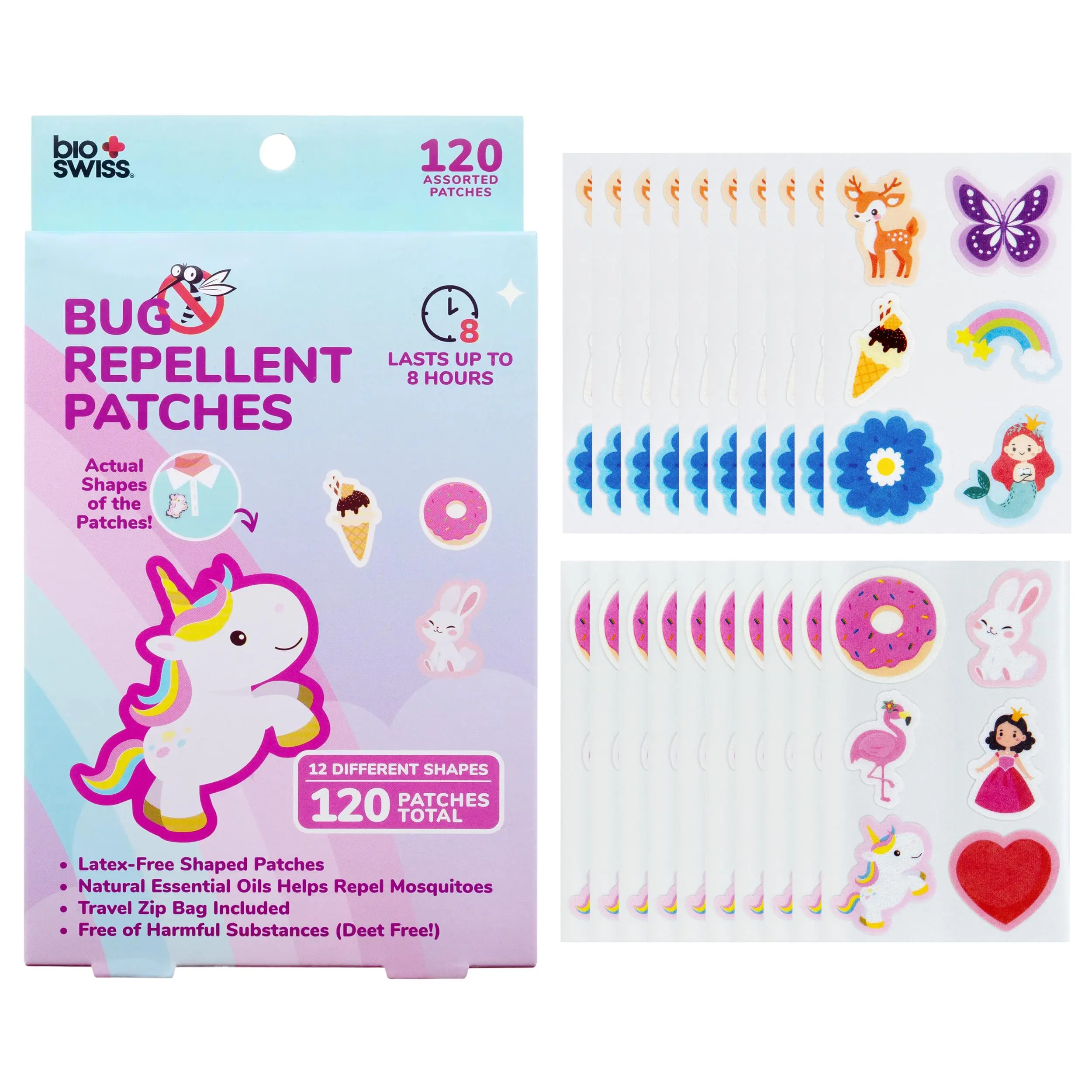 BioSwiss Outdoor Stickers, Bug Patch Stickers for Everyone, Fun Shapes, Natural Essential Oils, Latex and Deet Free, 120 Count, Girls