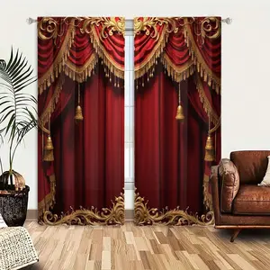 2-Piece HD Digital Print Curtains, French Style, Living Room & Bedroom Decor, 100% Polyester Semi-Transparent Rod Pocket Drapes, Window Curtain