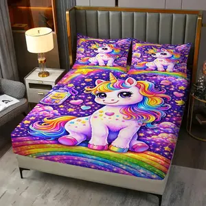 3Pcs Whimsical Rainbow Unicorn Fitted Sheet Set, Magical Starry Night Bedding Set, Pastel Cartoon Fantasy Design, Soft Microfiber All-Season Bedding Decor for Bedroom, Ideal Gift for Unicorn Lovers. Includes 2 Pillowcases, No Pillow Core.