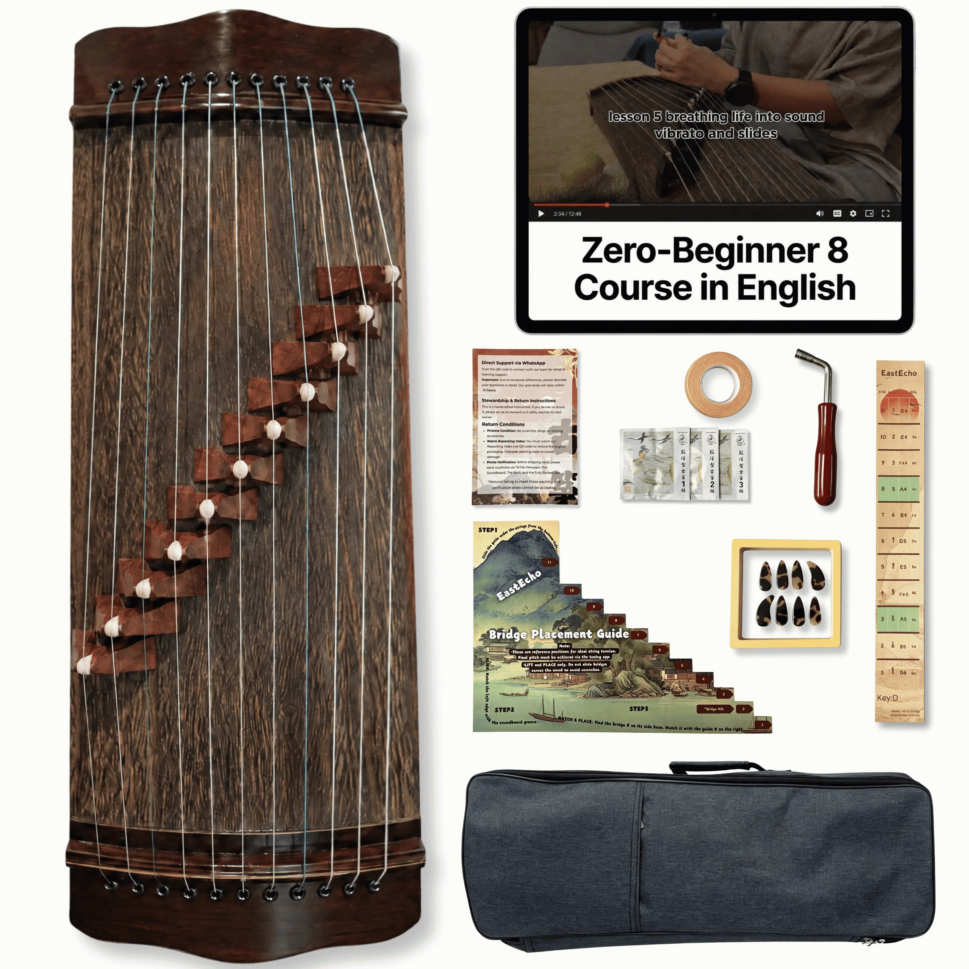EastEcho Mulan 11-String Wooden Portable Guzheng Kit - 20 inches (50cm), 2.57lbs Chinese Zither with 30-min Jingle Bells, Pentatonic Ease Travel Instrument for Adult Beginners, Zen Meditation Gift
