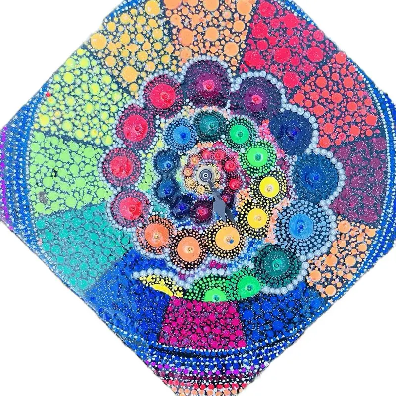 Multicolor Spiral Dot Mandala Clock on Wood Canvas 10x10 - Colorful Artwork for Decor
