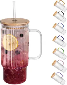 32oz Ribbed Glass Cup with Handle Bamboo Lid and Straw, Glass Tumbler, Iced Coffee Hot/Cold Drinks