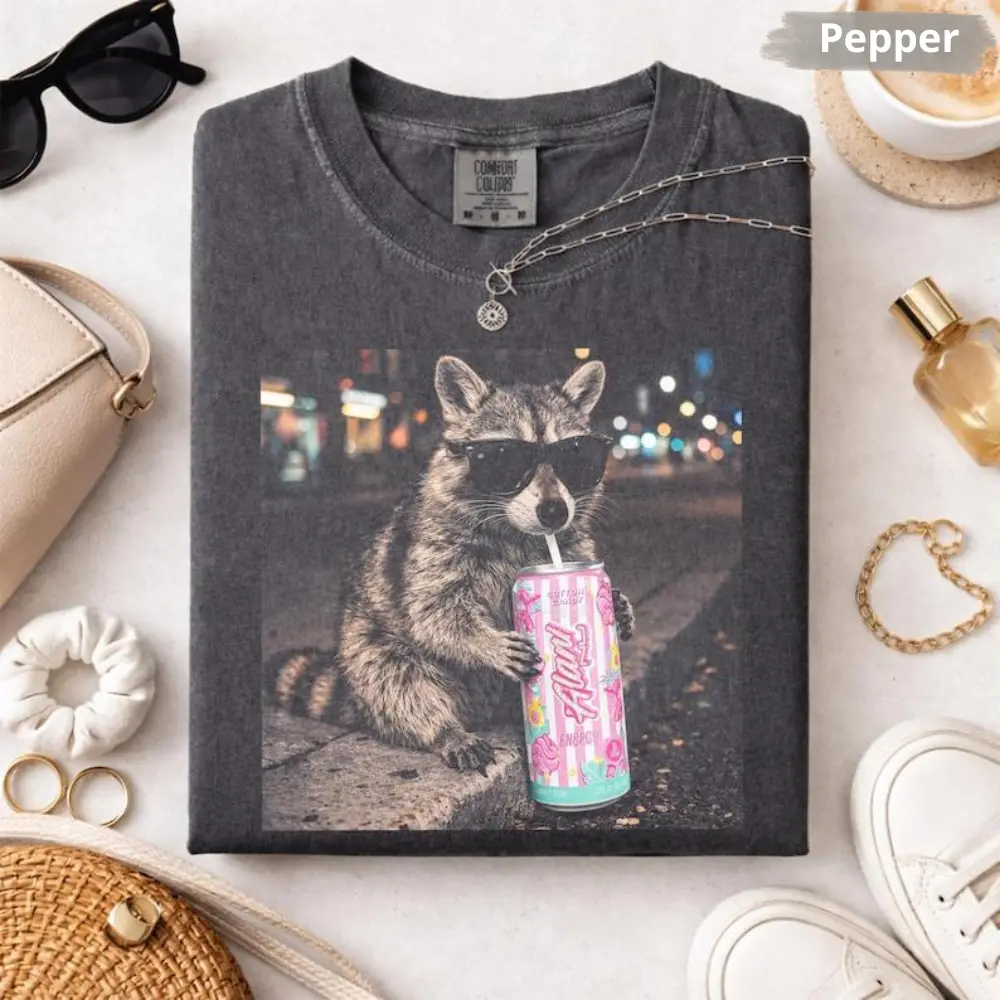 Comfort Colors Raccoon Candy Drink T-Shirt, Fun Animal Lover TShirt, Vintage Cotton T Shirt, Funny Meme Genz Dank Raccoons Graphic Tee Gift