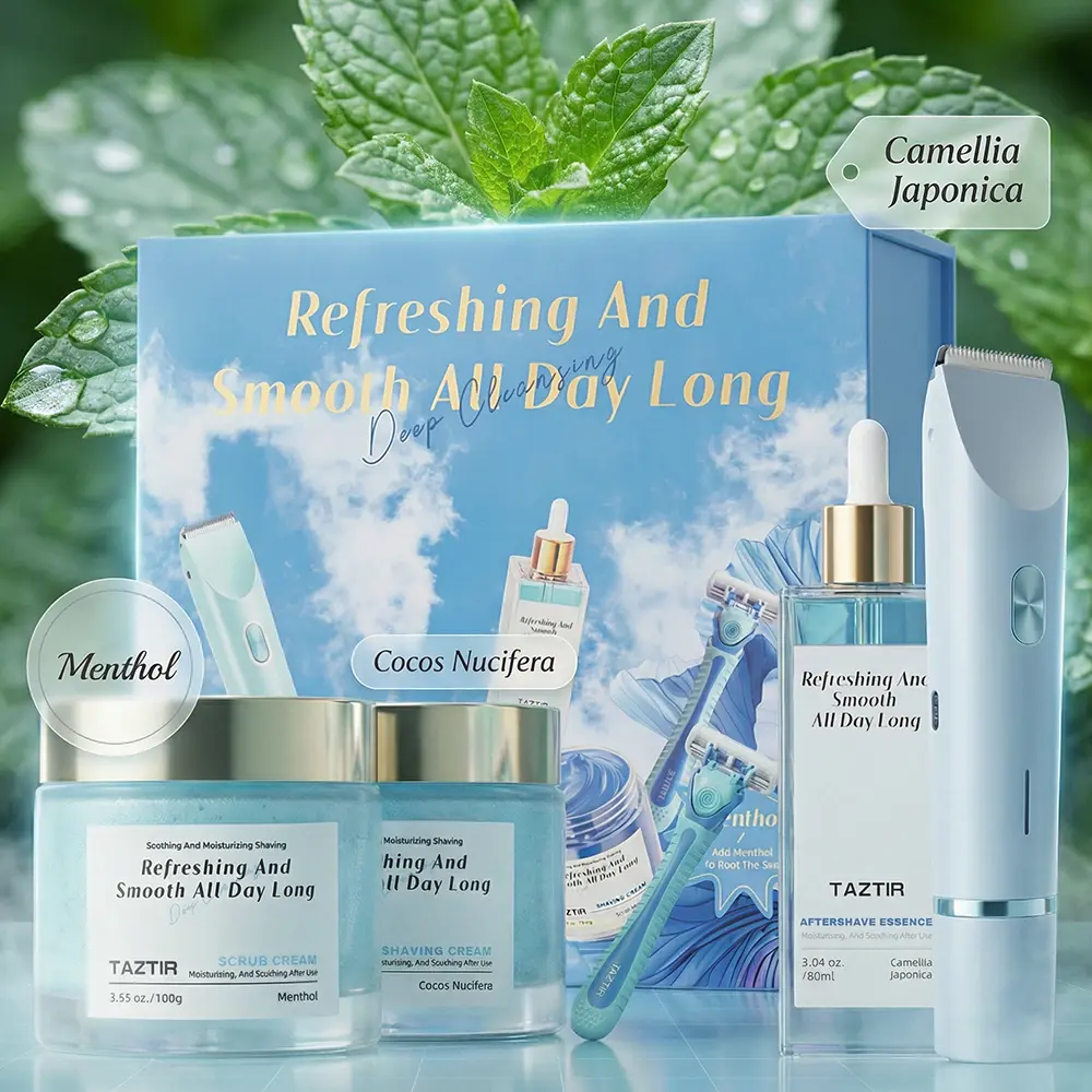 TAZTIR 9-in-1 Luxury Grooming Kit - Shaving Razors, Exfoliating Coconut-Scented Scrub, Menthol Scrub Cream, Camellia Essential Oils, Hair Removal Cream, Pre-Shave Serum, Dual-Head Electric Shaver, Manual Razor in Elegant Gift Box