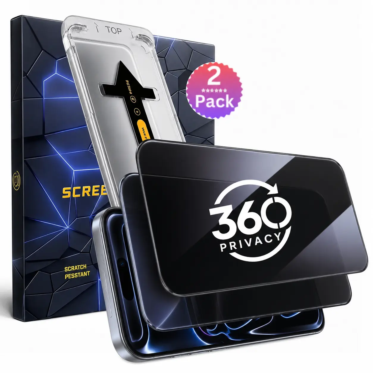 2 Pack Privacy Screen Protector for iPhone Anti-spy Tempered Glass HD 360° Privacy Compatible with iPhone 17 16, Screen Protector Iphone