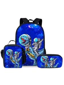 Dinosaur and Astronaut Pattern Printed 17-inch Backpack for School Three-piece Set (Single-layer Backpack + Shoulder Strap Lunch Bag + Single-layer Pencil Bag)