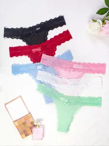 Women's 6pcs Bow Decor Sheer Lace Panty, Soft Breathable Comfortable Knicker For Daily Wear, Women's Underwear Bottoms For All Seasons