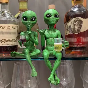 Alien Invasion “Party Aliens” Wine Drinking Female and Beer Drinking Male Ledge Lounger 10 Inch H Funny Home or Garden Alien Statue Set