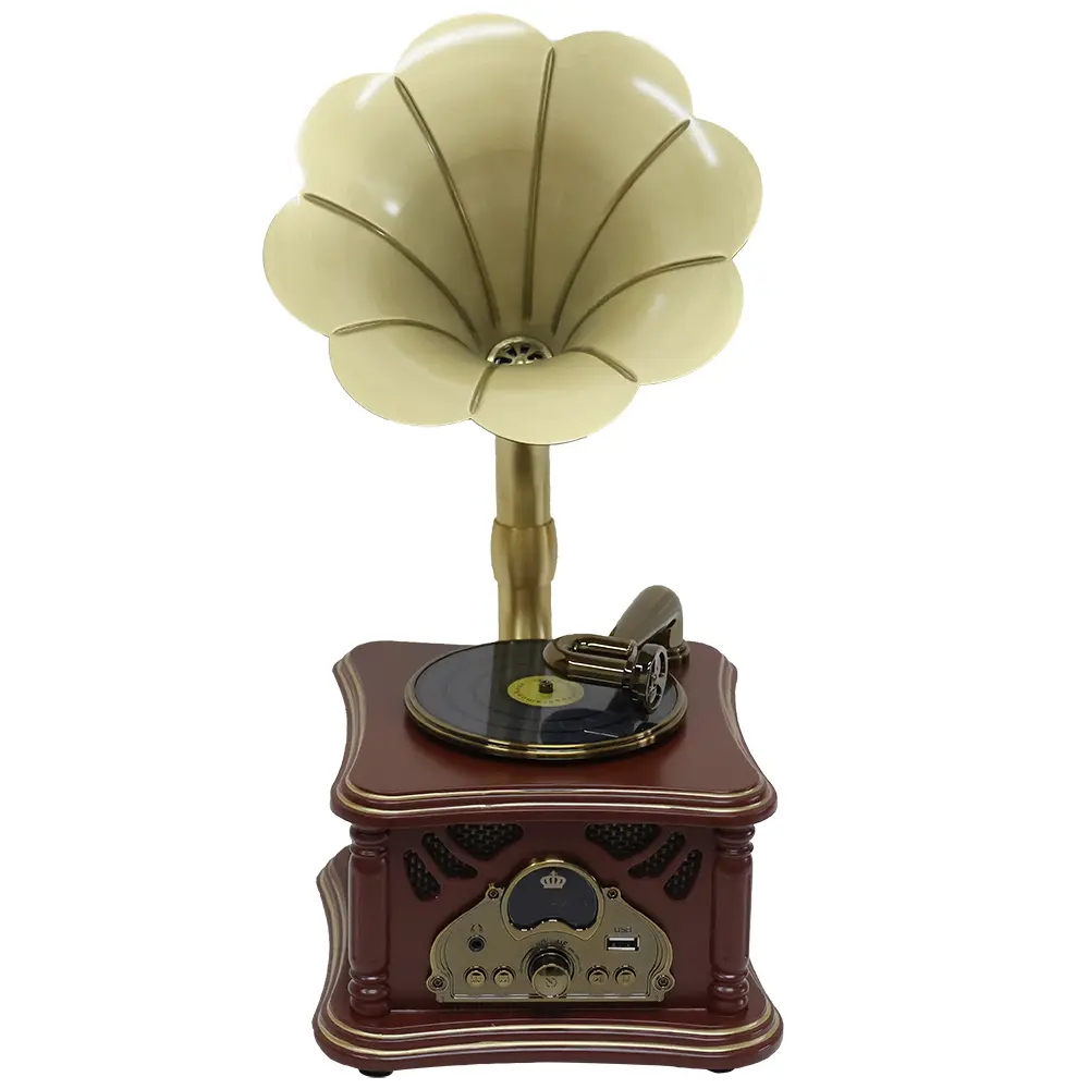 Dark Brown Mini Wood Imitate Vintage Phonograph Speaker - Home Entertainment Player with Earphone Jack, Stereo Sound, Auxiliary In, USB Port
