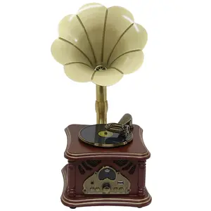 Mini Wooden Imitate Phonograph,  Gramophone Shape, Earphone Jack, Player, Stereo Speakers, Imitate Vintage Phonograph Speakers, Aux In, USB, Vintage, Dark Brown