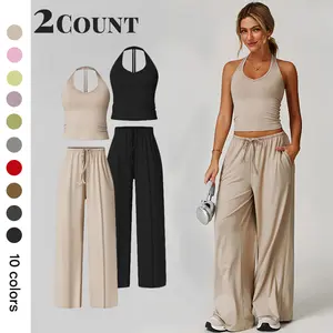 NVWA-Womens Two Piece Summer Casual V Neck Top Wide Leg Pants Womens Holiday Travel Wear Comfortable Summer Casual Clothing Sportswear sporty yoga set casual loose long pant
