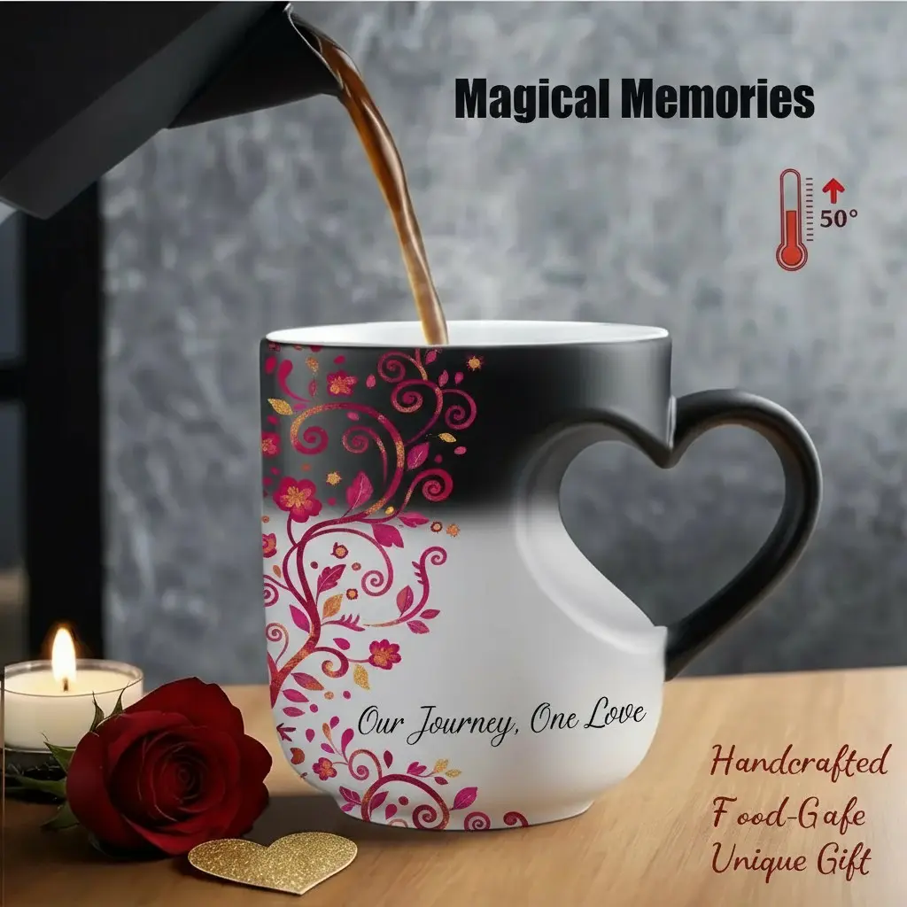 Magical Memories Thermosensitive Color Changing Ceramic Mug with Heart Handle, Revealing "Our Journey, One Love" Floral Pattern, Handcrafted Food-Safe Insulated Travel Cup, 11 Oz/330 Ml, Romantic Valentine's Day Gift for Her, Unique Love-Infused Keep
