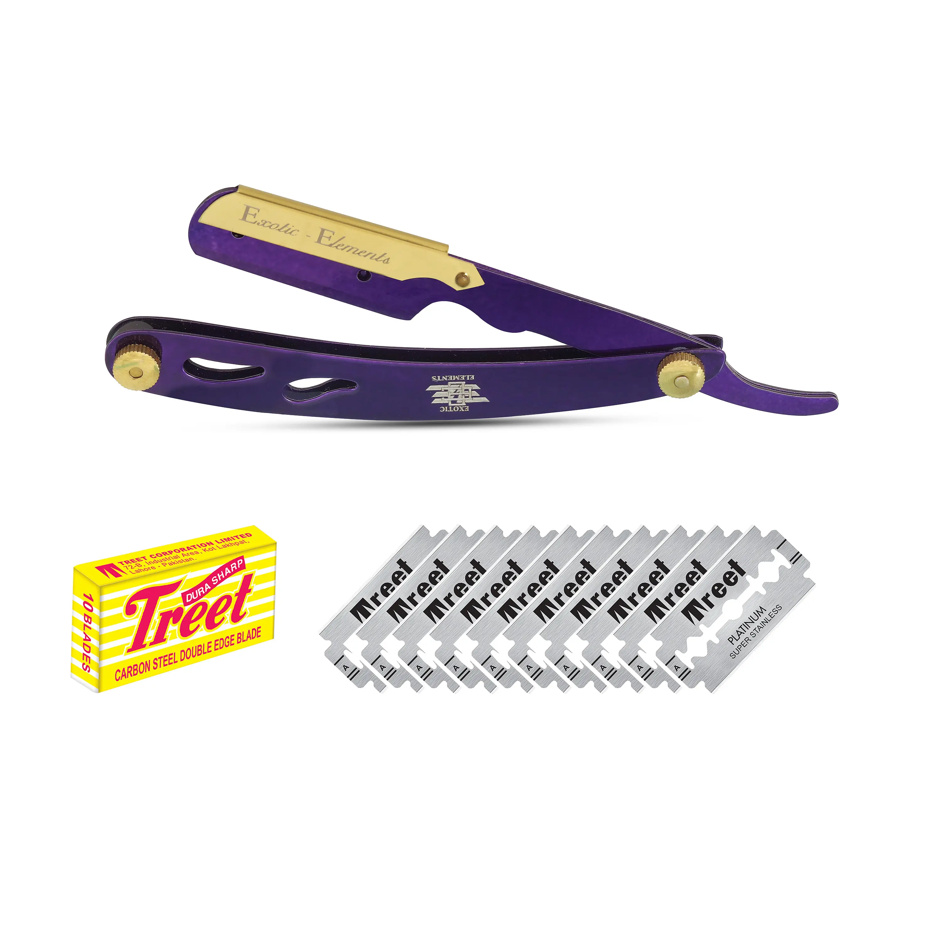Purple and Gold Hair Shaving Razor - Professional Grade Barber Straight Edge Razor - Adjustable Tension Screw to tighten the handle - Great for all Hair types and all shaving experiences - Blades Included - Good for Mustache Beard Eyebrows