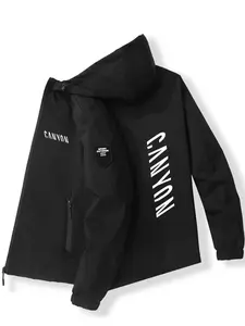 Sporty Functional Canyon Letter Print Hooded Jacket, Premium Polyester Fiber, Slim-Fitting Casual Outerwear for Spring & Fall