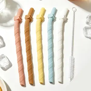 5 Pack Reusable Silicone Straw with Cleaning Brush, 6.1inch Long, Premium Soft Flexible Straw for Bubble Tea, Beverage, Juice