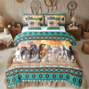 Green Horse Comforter Set with Sheets Kids Galloping Horse Bed in a Bag for Boys Girls Teens Wild Western Southwestern Aztec Rustic Farmhouse 7 Pieces Bedding Set Soft Room Decor