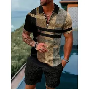 Men’s summer fashion casual sports set: zip-up polo shirt and shorts, simple style with lapels, 3D printed design (2 sets)