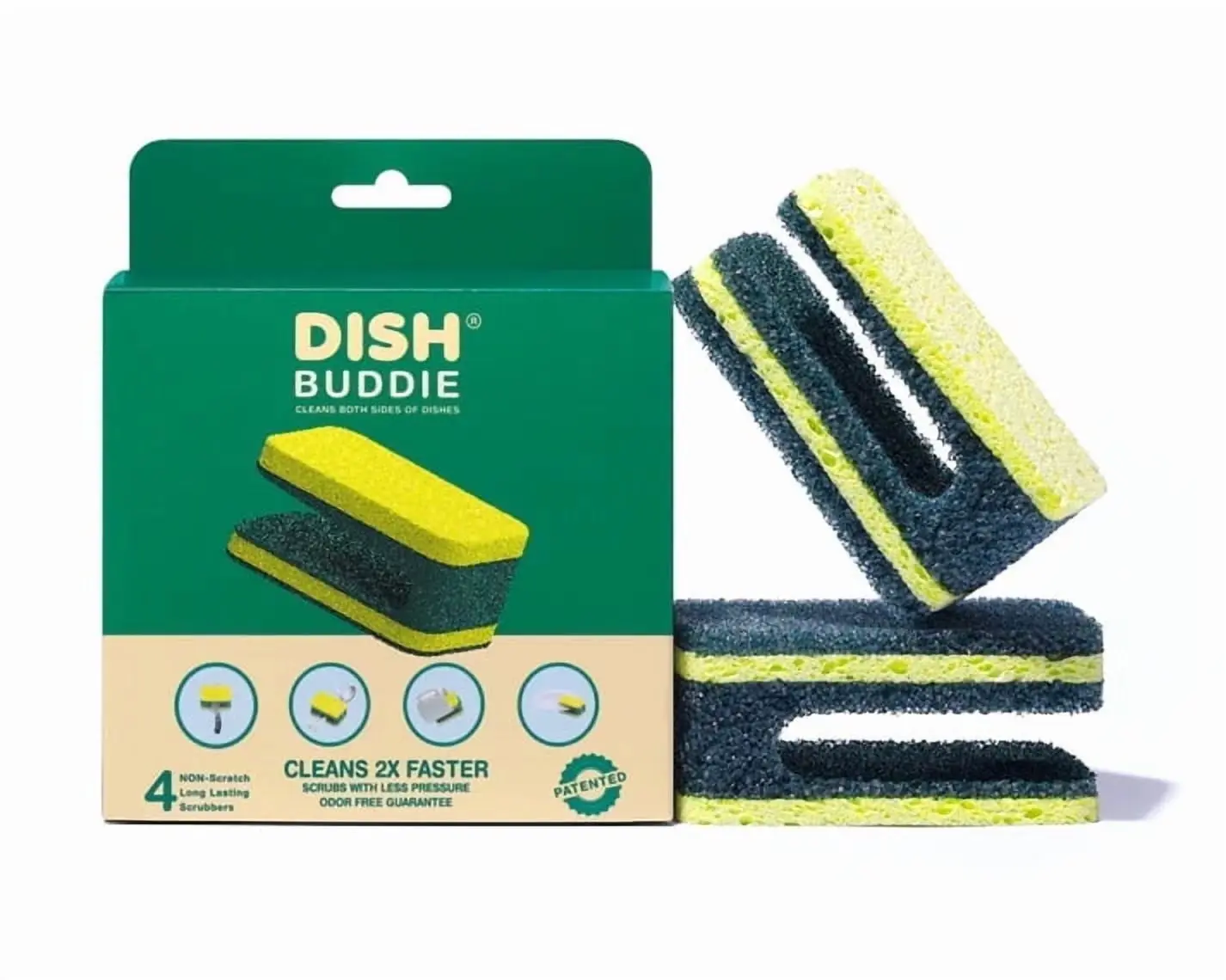 Dish Buddie Dual Cleaning Scrub Sponges for Washing Dishes 2X Faster, 4 Count