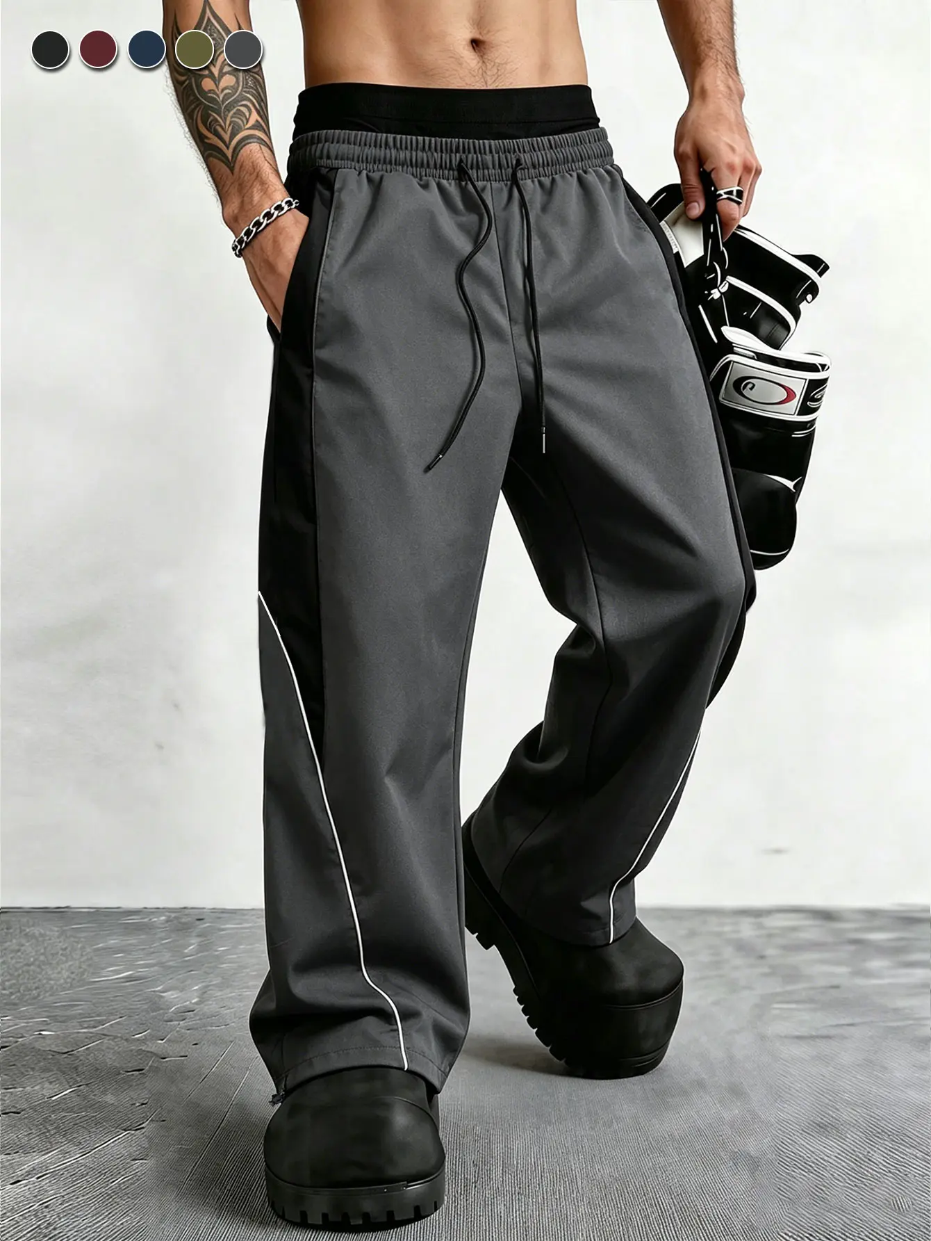 Men’s Dark Gray Activewear Pants - Baggy Woven Patchwork with Black Side Panels, Drawstring Waist, White Diagonal Stripes, Wide-Leg Streetwear Casual Versatile Trousers