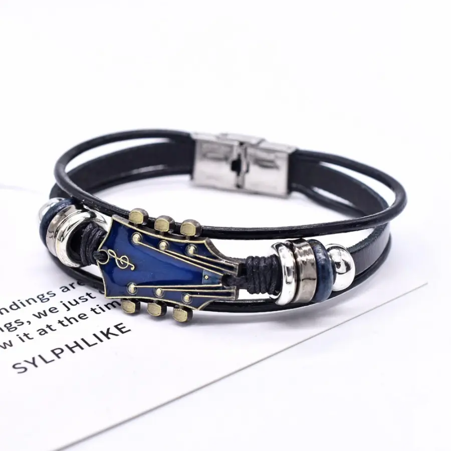 Antique Unisex Retro Guitar Charm Bangle Bracelet - Ancient Blue and Black Zinc Alloy Music Jewelry with Stainless Steel Buckle, Ideal Gift for Music Enthusiasts, Charm Bracelets, Music Theme Decor, One Size