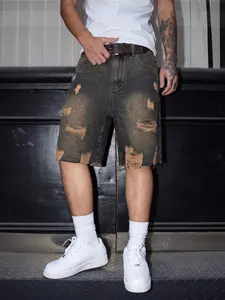 Men's Vintage Washed Denim Mid-Waist Jeans, Loose-Fit Wide-Leg Five-Quarter Pants, Street Style Button Fly Closure, Plain Pattern, Casual Streetwear Jeans