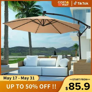 COSTWAY 10 FT 360° Rotating Solar Powered Patio Umbrella, Offset Cantilever Outdoor Umbrella with 360 Degree Rotation, Easy Tilt Adjustment, Crank Handle & Cross Base for Pool Deck Garden Backyard